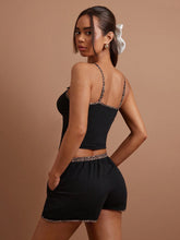 COSMINA Women's Leopard Print Trim Camisole And Super Short Shorts 2-Piece Set, Black
